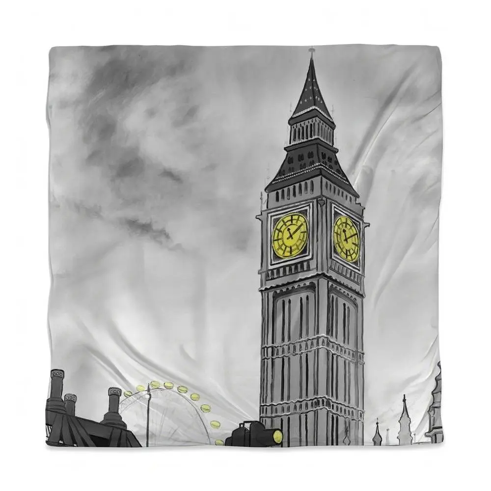 Begin Home Decor 3817-SWCQ-CI308 Queen Size Gray Cities Big Ben London Outline Duvet Cover - Home Decor