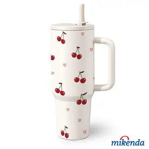 1 Pc 40 Oz Stainless Steel Water Cup with Handle and Folding Straw, Red Cherry and Heart Pattern Design, Double Wall Insulated Thermal Mug, Hot 12H / Cold 24H, Fun Drinkware, Easter Mother’s Day Birthday Holiday Gift for Friends.