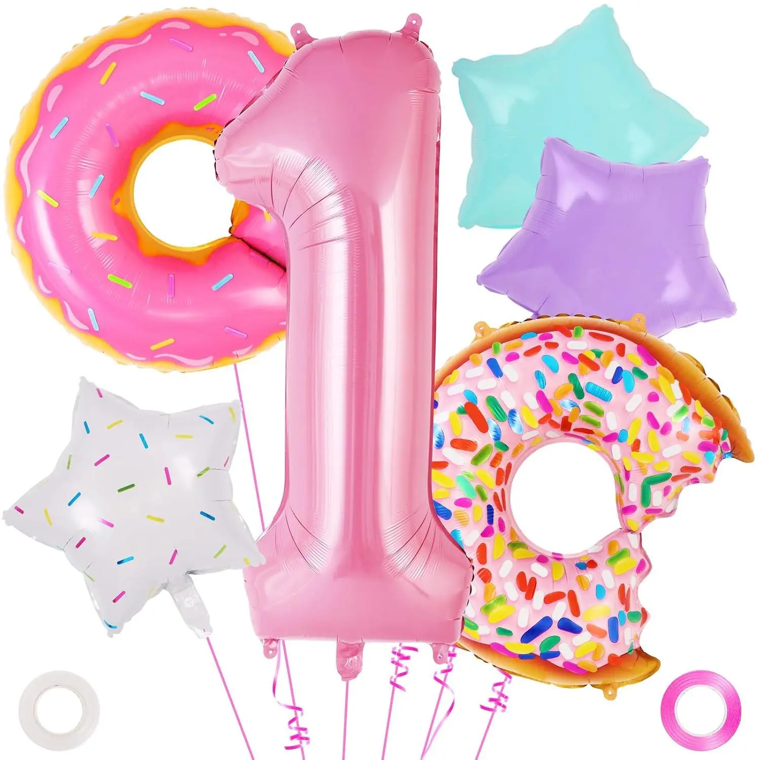 Donut First Birthday Decorations, Donut Foil Number 1 Balloon, 40 Inch Large Mylar Pink 1 Balloon For Candy Sweet One 1St Birthday Party Decor Supplies