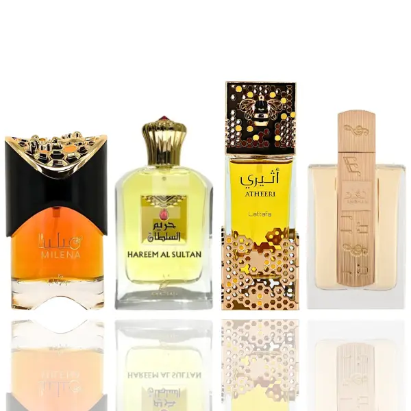 Lattafa Women's 4-Piece Fragrance Bundle - Hareem Sultan, ANGHAM, Milena, Atheeri - Amber & Fruit-Flavored Varieties, Amber Women's Fragrance, Fruit-Flavored Women's Fragrance