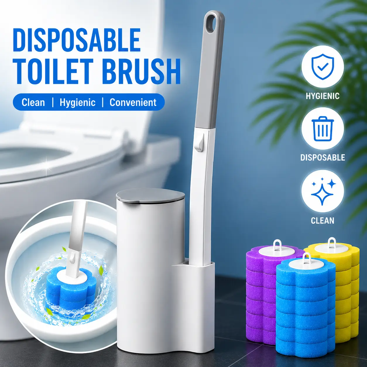 Disposable Toilet Brush with Replaceable Sponge Heads | 360° Deep Cleaning Bathroom Brush | Hygienic No-Mess Toilet Cleaner, Toilet Scrubber Brush, Bathroom Toilet Tools