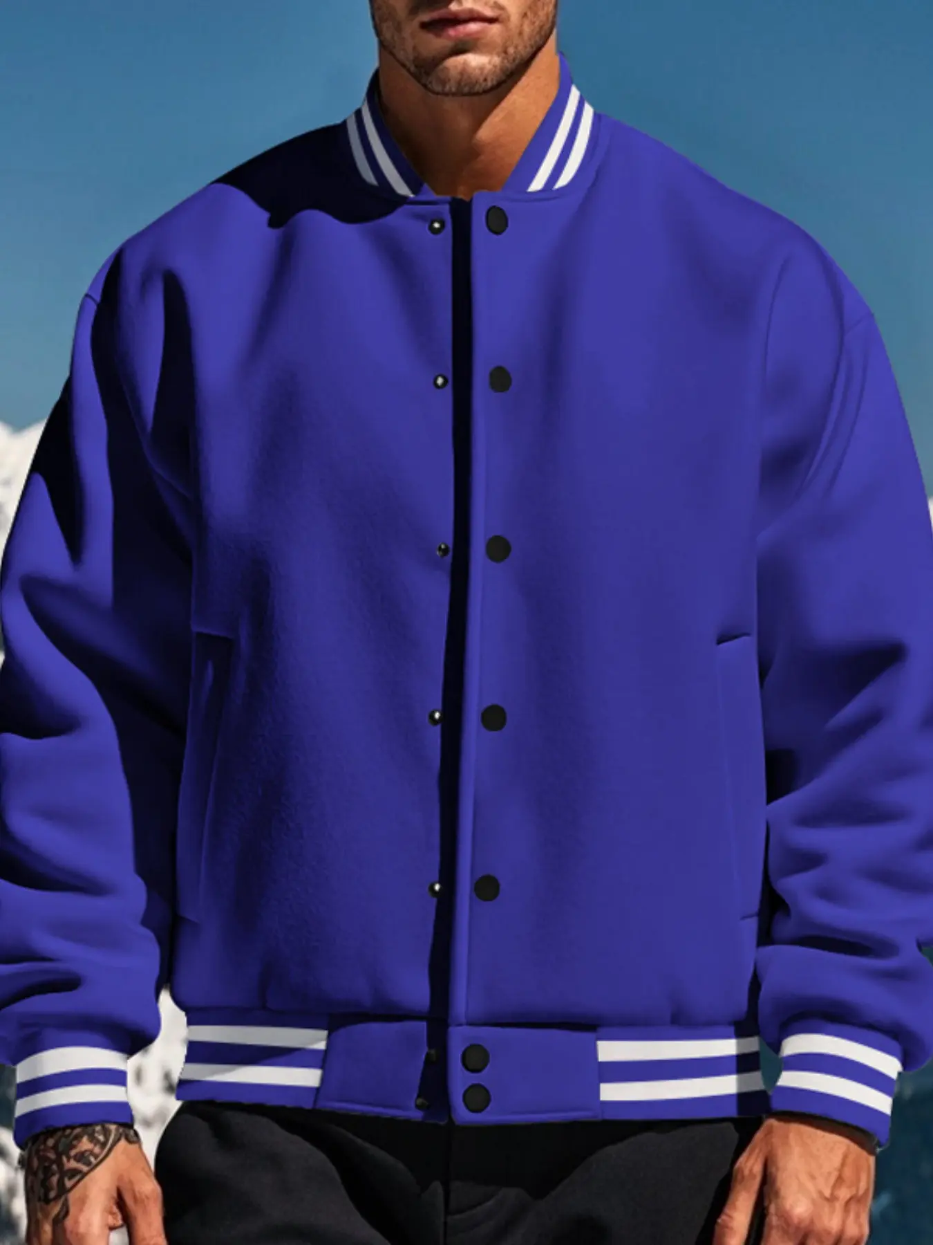 Men's Fall Winter Fleece American Style Casual Sporty Loose Fit Stand Collar Baseball Jacket, Air Force Solid Color Flight Jacket