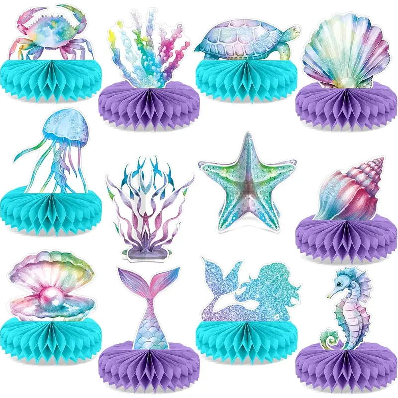 12Pcs Mermaid Party Supplies Mermaid Birthday Honeycomb Centerpieces for Under The Sea Party Decorations Ocean Mermaid Theme Table Honeycomb for Ocean Mermaid Theme Birthday Baby Shower Party Favors
