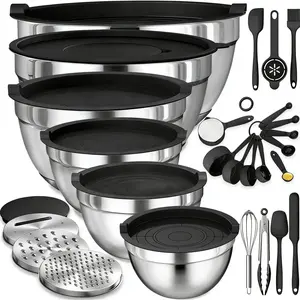 Complete 23-Piece Stainless Steel Mixing Bowls Kit, Stackable Nesting Design with Lids, Graters, Whisk and Baking Tools