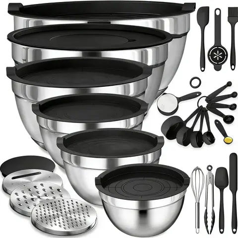 21-Piece Stainless Steel Stackable Nesting Mixing Bowls Bakeware Set - Baking Supplies with Spill-Blocking Lids, Fast Veggie Graters, Whisk, Baking Utensils for Kitchen Prep, Organized Kitchen & Space-Saving Storage