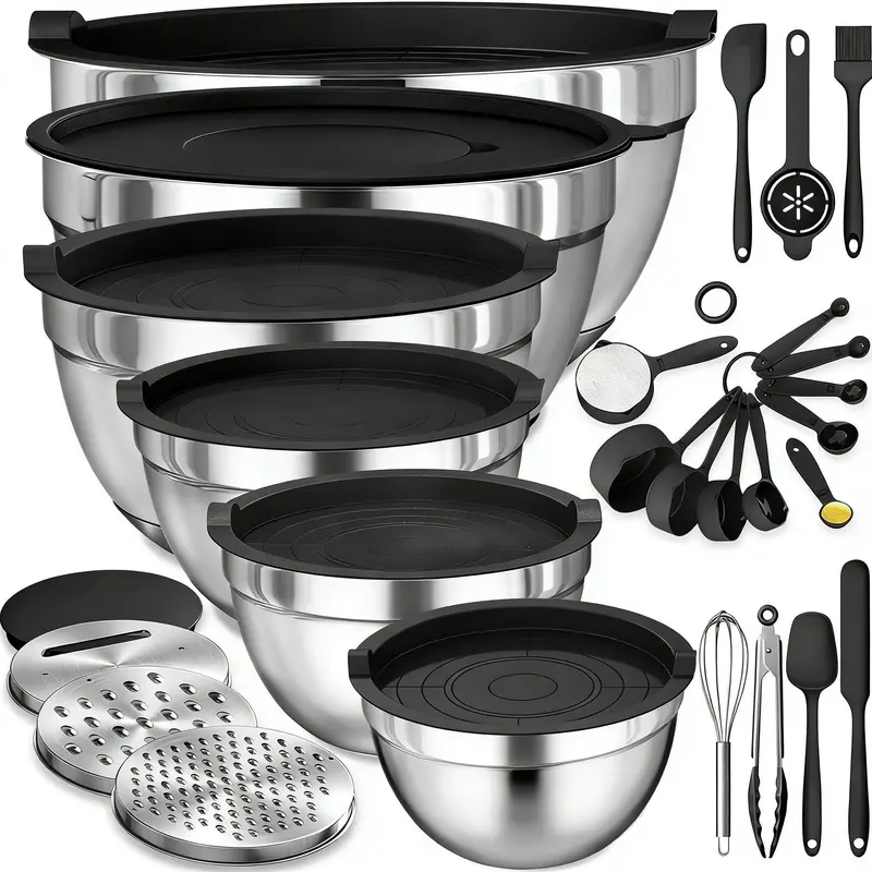 21-Piece Stainless Steel Stackable Nesting Mixing Bowls Bakeware Set - Baking Supplies with Spill-Blocking Lids, Fast Veggie Graters, Whisk, Baking Utensils for Kitchen Prep, Organized Kitchen & Space-Saving Storage