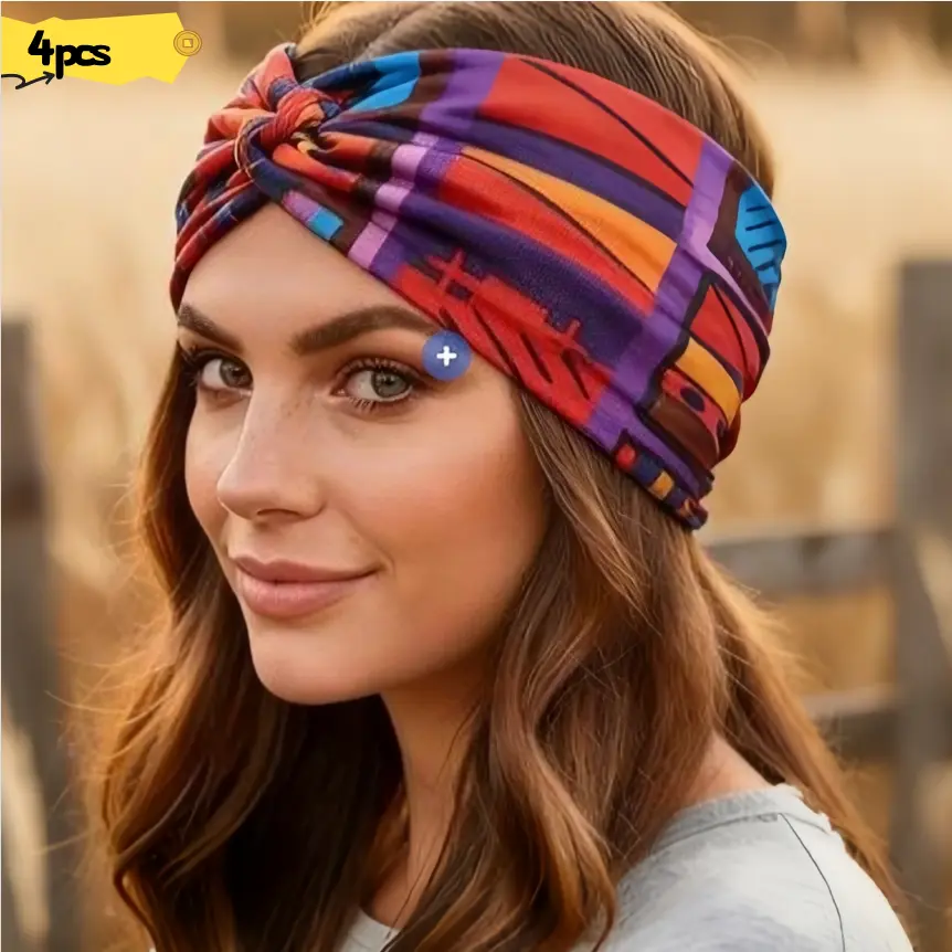 Boho Style Geometric Print Wide Hair Band, Knotted Headband, Women's Elastic Knotted Sports Yoga Wide Hair Band, Workout Headband, Fashionable Hair Accessories for Women & Girls(4pcs)