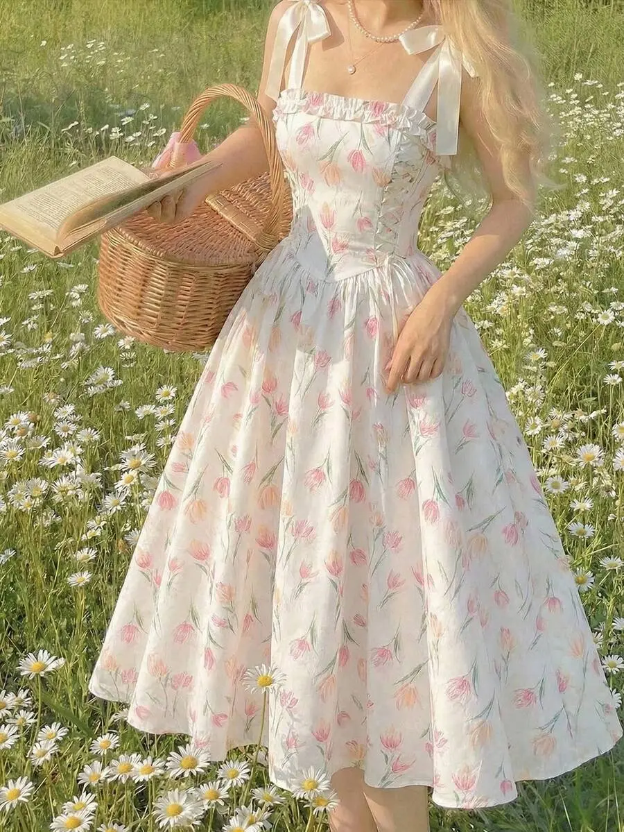 Women White And Pink Bowknot Strap Floral Long Dress,Summer Modest Whimsical Fairycore Casual Picnic Party Graduation,Easter Wedding Guest Elegant