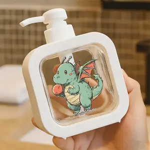 Cute Cartoon Blue Dragon with Red Eyes Holding Round Red Object - Hand-Drawn Sketchy Style Dragon Artwork - Pump Dispenser for Bathroom and Kitchen, Plastic Reusable Hand Sanitizer, Cleaning Liquid & Soap Dispenser, Dragon Decor Accessory