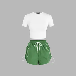 Cider [2 colors, size 0-10] Short Sleeve Crop Tee & Drawstring Parachute Mini Shorts Set