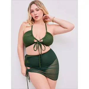 Cider Shaping V-neck Bracelet Full Coverage Bikini Swimsuit With Mesh Sarong Curve & Plus