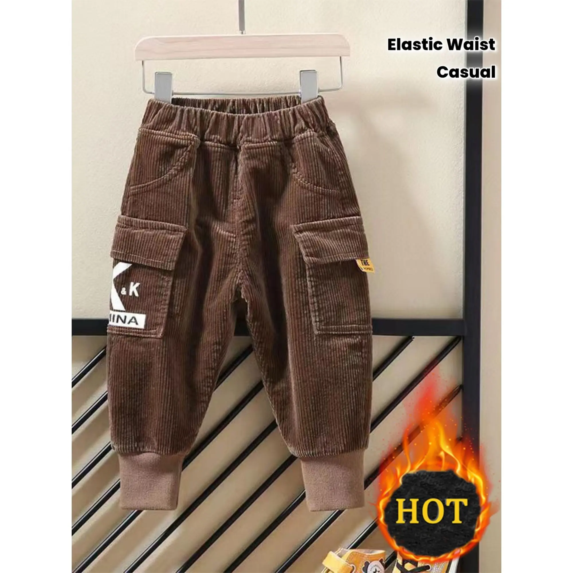 Baby Boys Corduroy Sweatpants with - Warm Winter Pants, Elastic Waist & Pockets, Thick Trousers for Toddlers & Kids, Casual Brown Corduroy (Hand Washable) - Cozy Cold Weather Outfits, Perfect for Outdoor