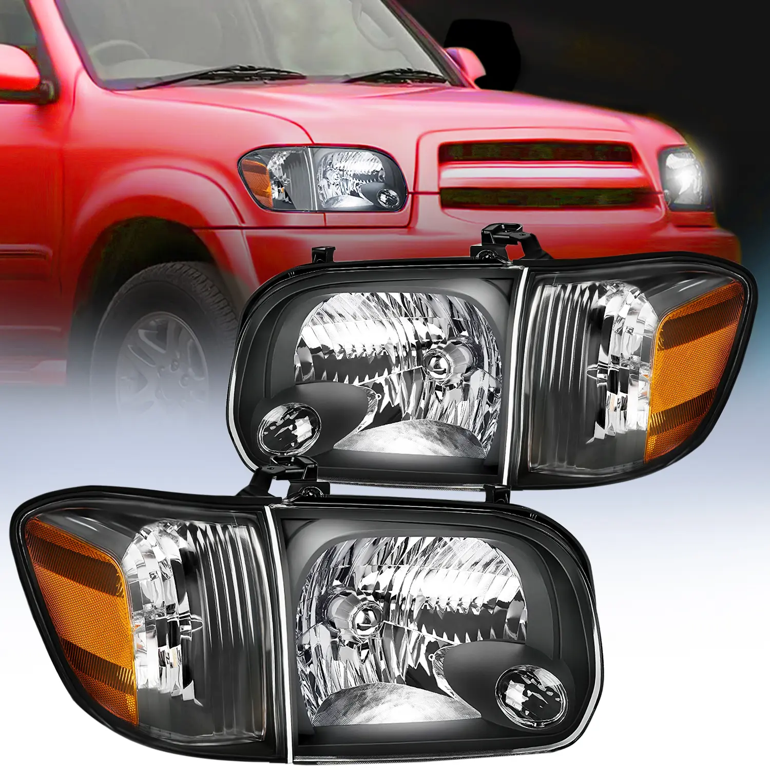 Nilight Replacement Headlight Assembly for 2005-2006 Toyota Tundra 4-Door Double Crew Cab, 2005-2007 Sequoia - Black Case, Amber Reflector, H4 Bulbs, IP65 Rated, Car Accessories, Accessories For Car, Waterproof
