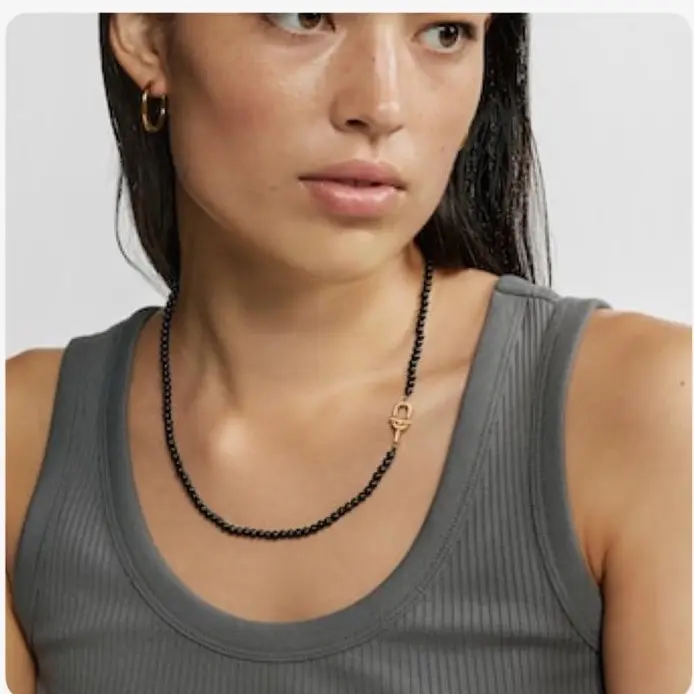 2-Piece Black Beaded Jewelry Set, Necklace & Bracelet with Gold Clasp