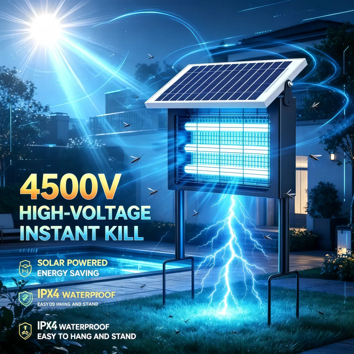 2026 TikTok Viral 3 LED Tubes Solar LED Mosquito Trap, 4500V High Voltage USB Rechargeable Outdoor Bug Zapper, IP67 Waterproof Standing Electric Pest Control Lamp for Porch Camping Backyard Garden Lawn, Household Insect Catcher Summer Home Must Have