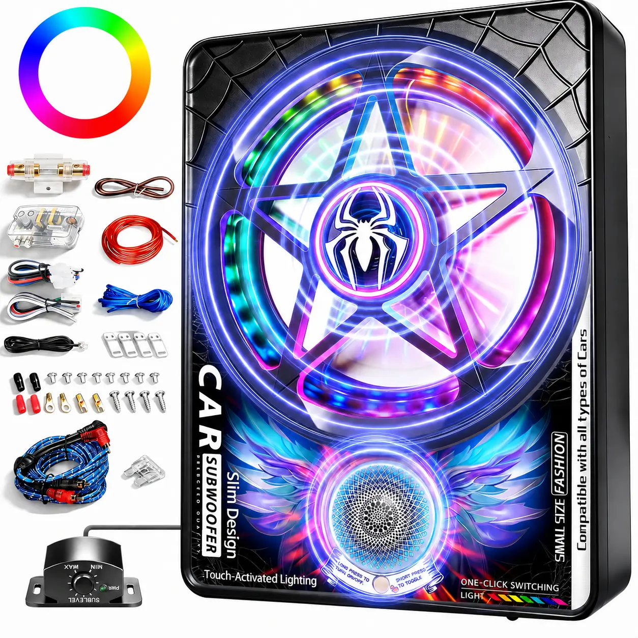 TANVSO 3000W 10-Inch Low Profile Slim Design 3-Way Underseat Car Subwoofer and Amplifier Package with Ambient Light, Individual Low Pass/Gain/Boost Bass Control, Loud Stereo Deep Bass for Cars, Trucks