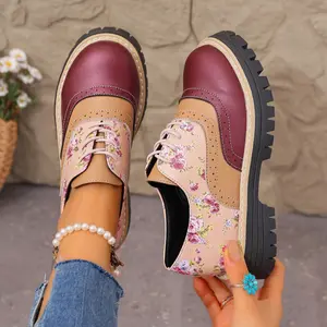Women's Floral Patchwork Chunky Heel Platform Shoes, Adjustable Buckle Design, Casual PU Leather Sneakers for Daily Wear & Office
