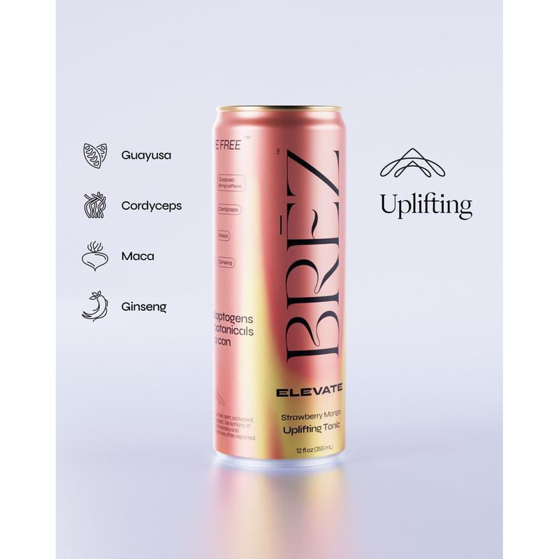 BREZ Social Tonic Variety Pack - Functional Beverages with Mushrooms Adaptogens & Nootropics - Vegan Non-GMO Gluten-Free - 12oz - Lemon Elderflower, Strawberry Mango, Cherry Chamomile Flavors