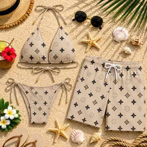 Luxury Monogram Print Bikini Set for Women & Matching Men’s Swim Shorts, Designer-Inspired Beachwear, Summer Vacation Couple Swimsuit Set