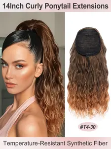 14inch 35cm Deep Brown Deep Wave Clip-On Ponytail Wig – Heat-Resistant Synthetic Fiber, Creates a Natural Curly Hairstyle, Suitable for Women's Daily Use and Styling, Voluminous Curly Hair, Heat-Resistant Fiber, Hair Accessory