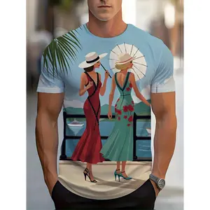 Men's Vintage 1920s Flapper Duo Seaside Scene All-Over Print T-Shirt - Polyester, Shortsleeve, Round Neck, Stylish Colorful 3D Digital Graphic, Casual Comfort Fit Menswear for Summer, Everyday Wear