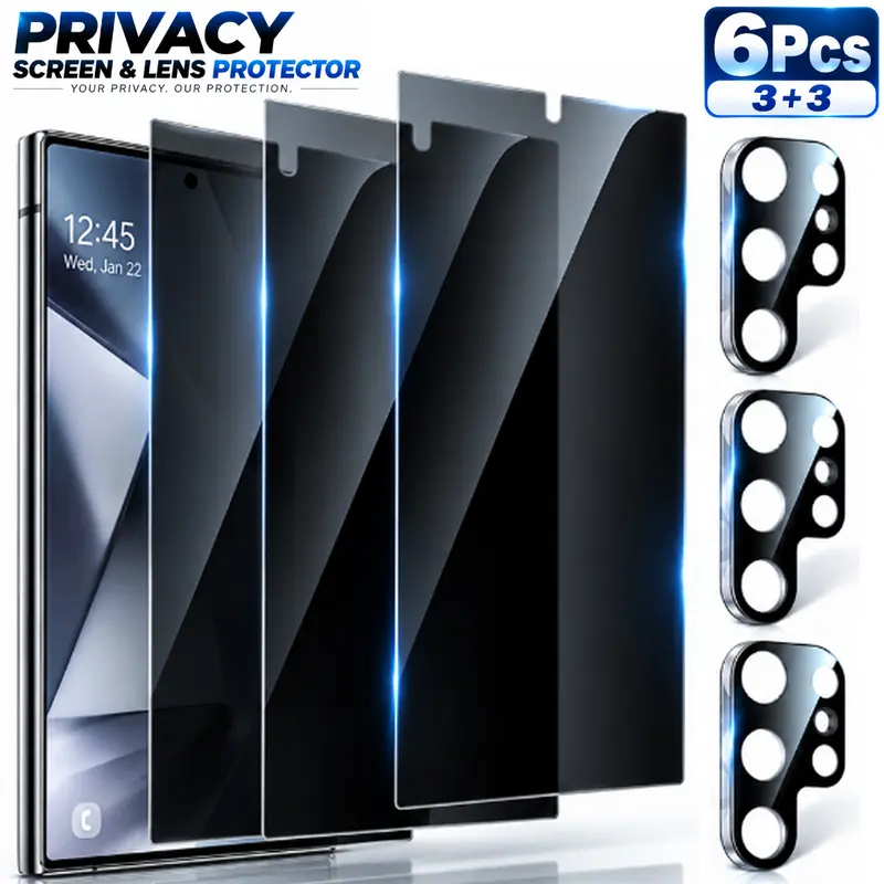 6 Pcs Privacy Tempered Glass Set for Samsung Galaxy S26 Ultra / S26 Plus / S26 / S25 Ultra / S25 Plus / S25 / S24 Ultra / S24 Plus / S24, 3 Screen Protectors + 3 Camera Lens Protectors