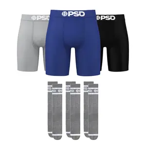 PSD Mens TikTok Exclusive Boxer Brief & Crew Sock Bundle - LA Blue Solids Boxer Brief 3-Pack + Grey/White Crew Sock 3-Pack, Breathable Menswear