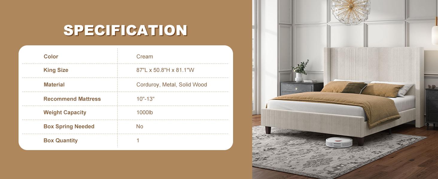 AMERLIFE Upholstered Platform Bed Frame, Wingback Bed with 50.8" Headboard, Corduroy/Solid Wood Leg/No Box Spring Needed/Noise Free/Best Gift Ideas/Christmas Gifts