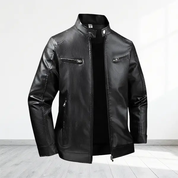 Men's Black Fitted Retro Woven Long-Sleeve Stand-Collar Leather Coat - Chic Menswear Top with Simple Design, Multiple Zipper Pockets, Suitable for Daily Commute, Casual Occasions