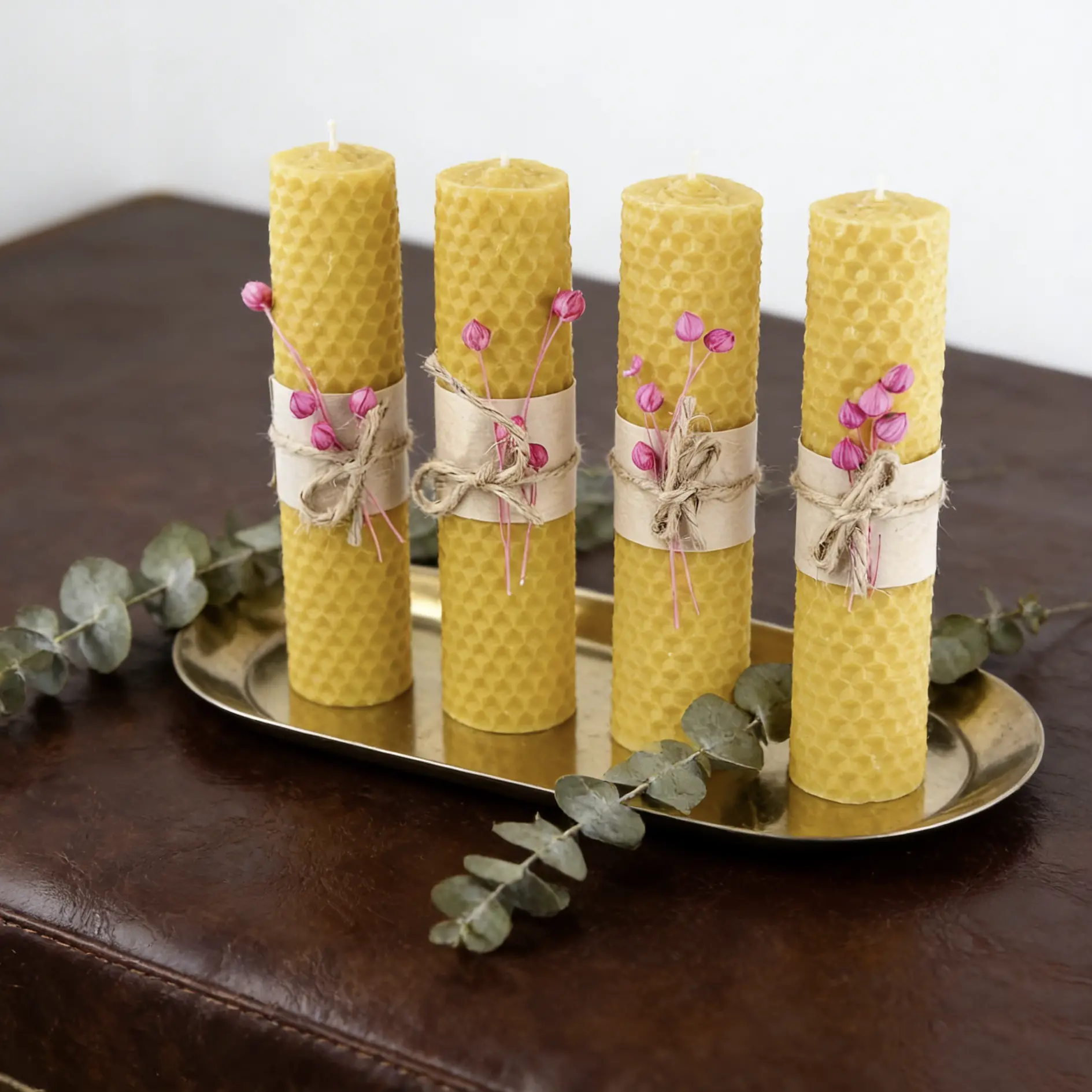 4-Pack Natural Handmade Rolled Beeswax Pillar Candles, 5.5 in Honeycomb Texture with Blush Pink Dried Floral Decor, Unscented Clean Long-Lasting Burn, for Home Bedroom Cozy Ambiance, Holiday Housewarming Gifts