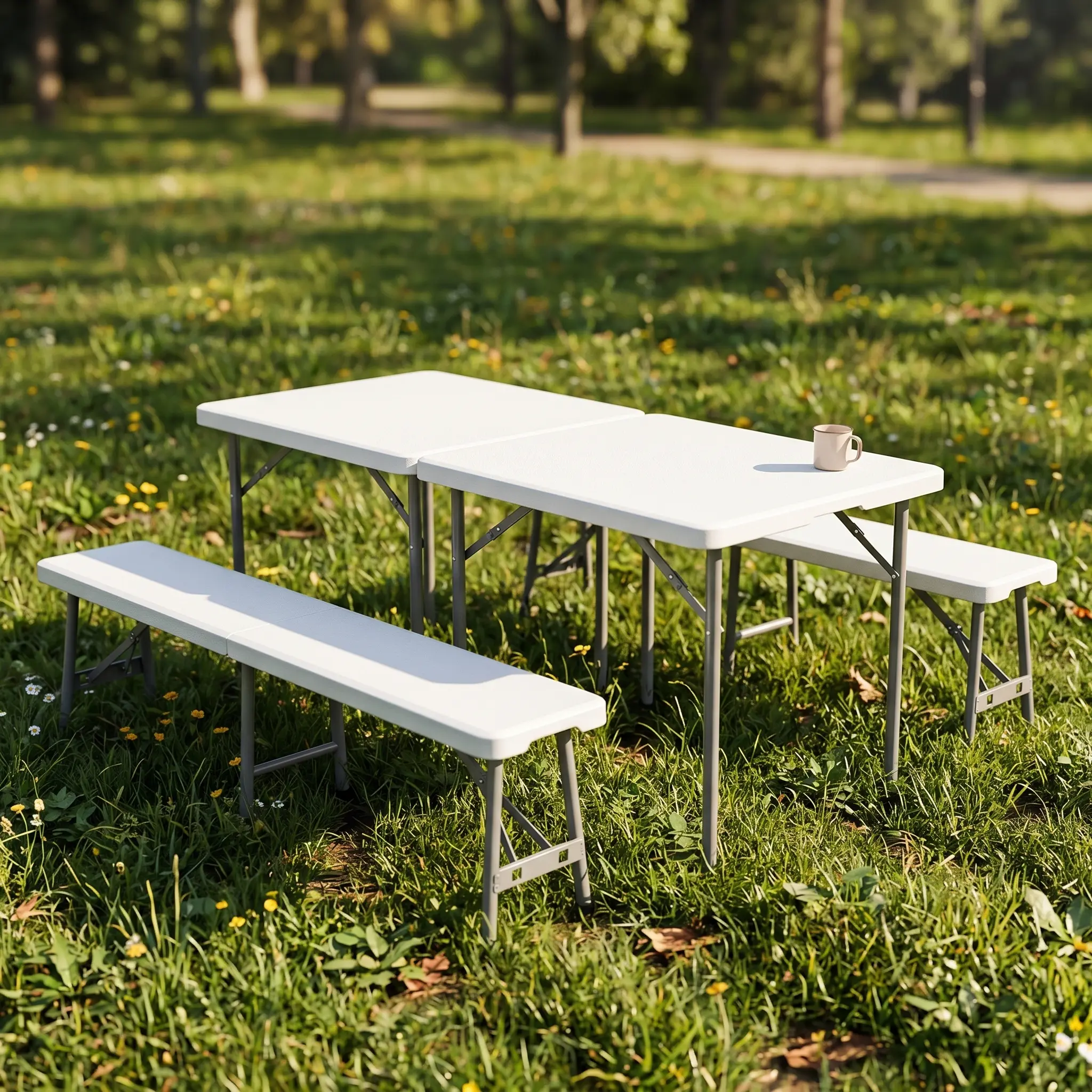 Segawe 2pcs HDPE Folding Benches + 2 Pieces Foldable Square Camping Table, Metal Frame Outdoor, 3ft Width Compact Camping Furniture, Portable White Picnic Table, Portable Picnic Table
