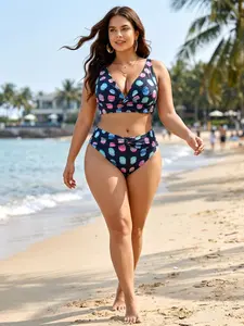Navy Polka Dot Twist High Waist Plus Size Swimsuit | Slimming Beach Two Piece Bikini Set