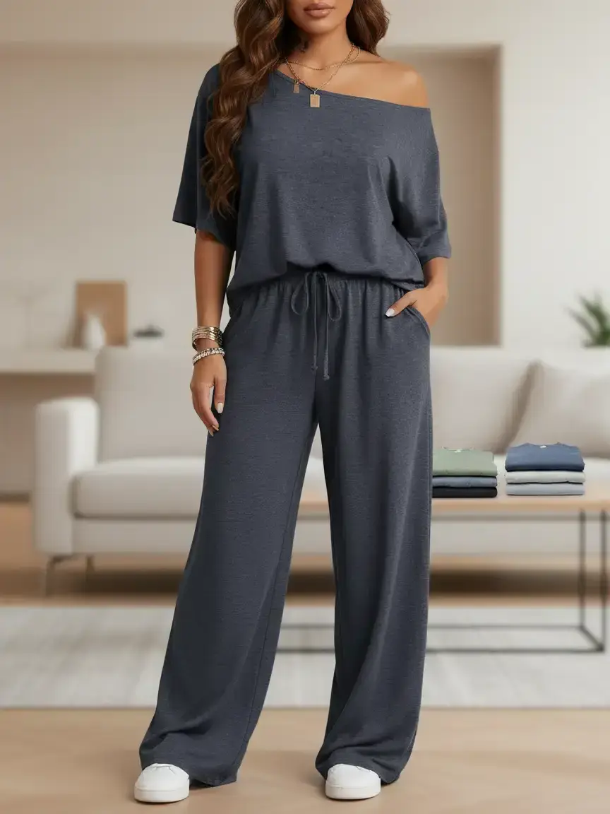 Women’s two-piece set available in multiple colors: relaxed off-shoulder short-sleeve top with one-shoulder design and wide-leg pants; skin-friendly, highly elastic knit fabric with a soft, fluffy feel in gray linen tones. Casual two-piece set for spring/