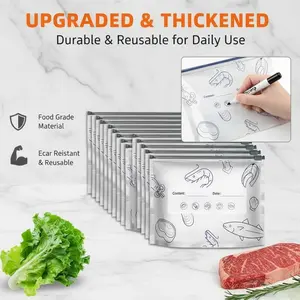 【Refrigerated Food】Reusable Aluminum Foil Sealable Storage Bags, 2026 New Resealable Vacuum Zipper Pouches for Food, Stand Up Foil Sealable Bags with Label and Zip Lock for Vegetable Fruit Meat
