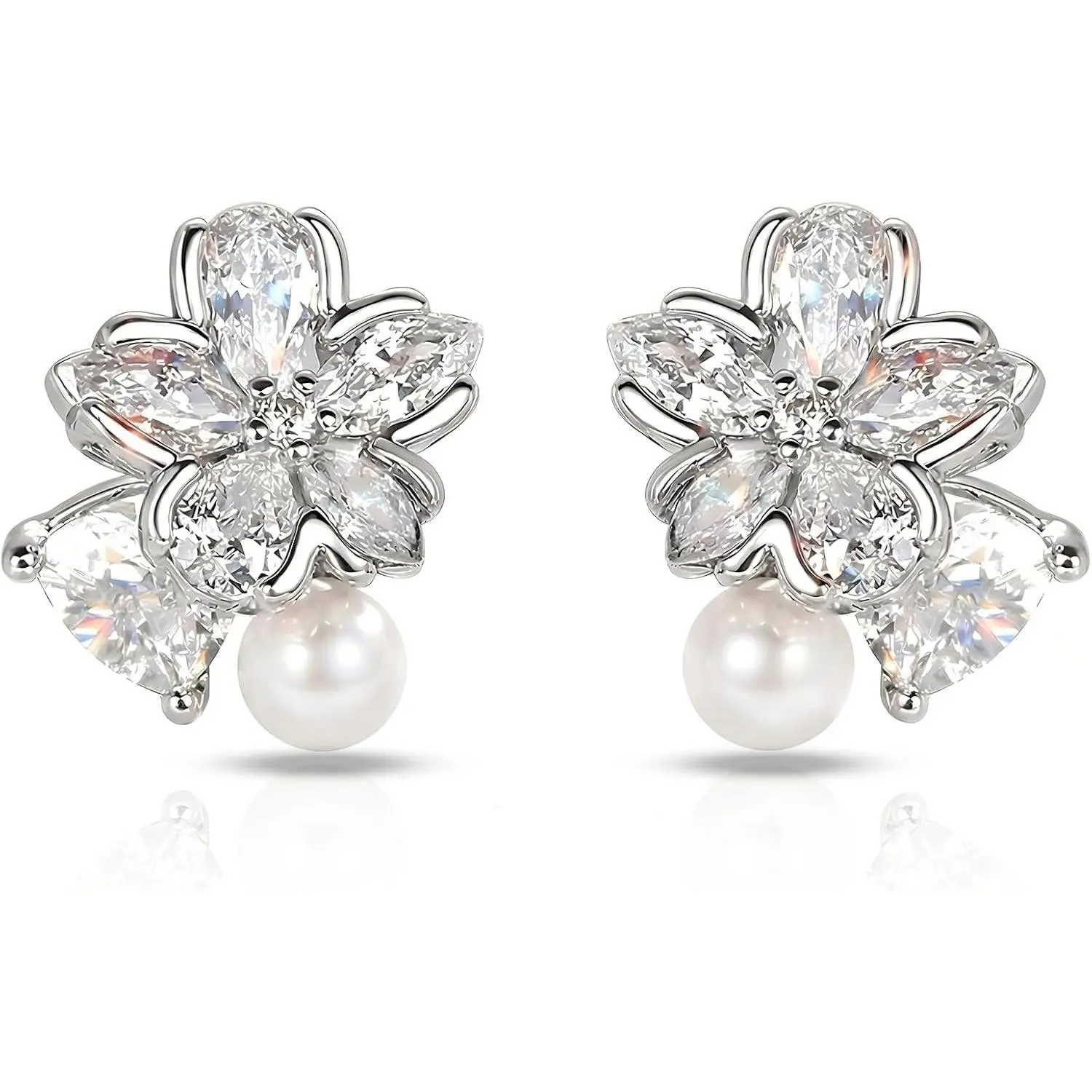 Dainty Small Silver Pearl Flower Stud Earrings for Women, Cubic Zirconia Floral Pearl Earrings for Women/Bride, Small Dainty Hypoallergenic S925 Silver Flower Earring Gift for Anniversary/Birthday