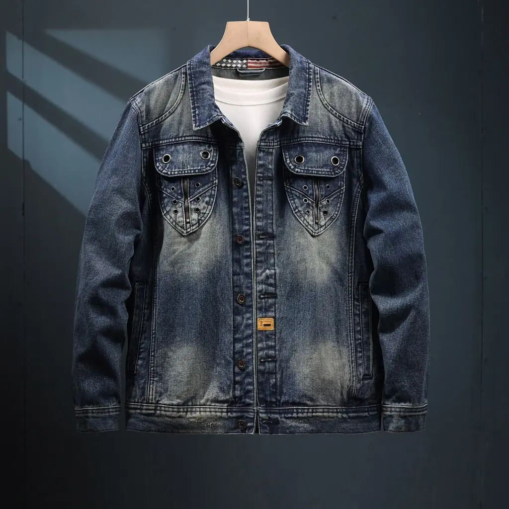 Vintage Gradient Faded Whisker Wash Metal Eyelet Rivet Multi Layer Stitch Shield Pocket Regular Fit Denim Trucker Jacket Unisex Collar USA Flag Inner Tape Bronze Button Heavy Denim Western Motorcycle Retro All Season Layer Outerwear