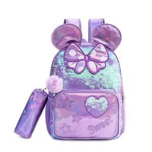 Back to School: 3pcs Girls Rose Gold Backpack Set | Holographic Sequin Shiny Ear Accents School Bag, Lunch Bag & Pencil Case | Ergonomic Lightweight Bookbag for Kids