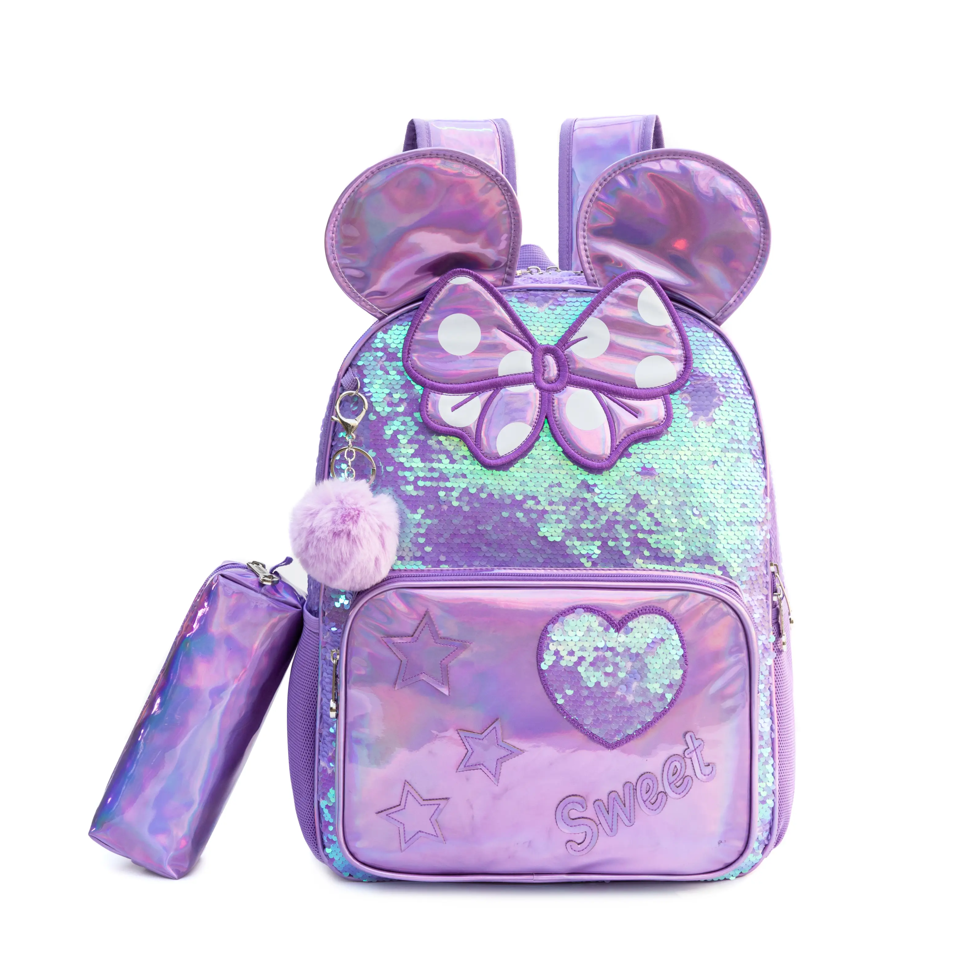 Back to School: 3pcs Girls Rose Gold Backpack Set | Holographic Sequin Shiny Ear Accents School Bag, Lunch Bag & Pencil Case | Ergonomic Lightweight Bookbag for Kids cute student daily large capacity