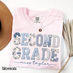 Custom Comfort Colors Second Grade Teacher Shirt 2nd Grade Matching Group T-Shirt Floral Blue Faux Patchwork Educator Back to School