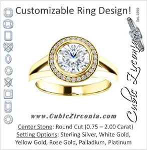 Cubic Zirconia Engagement Ring- The Blondie (Customizable Bezel-set Cathedral-style Round Cut with Halo Style and V-Split Band)