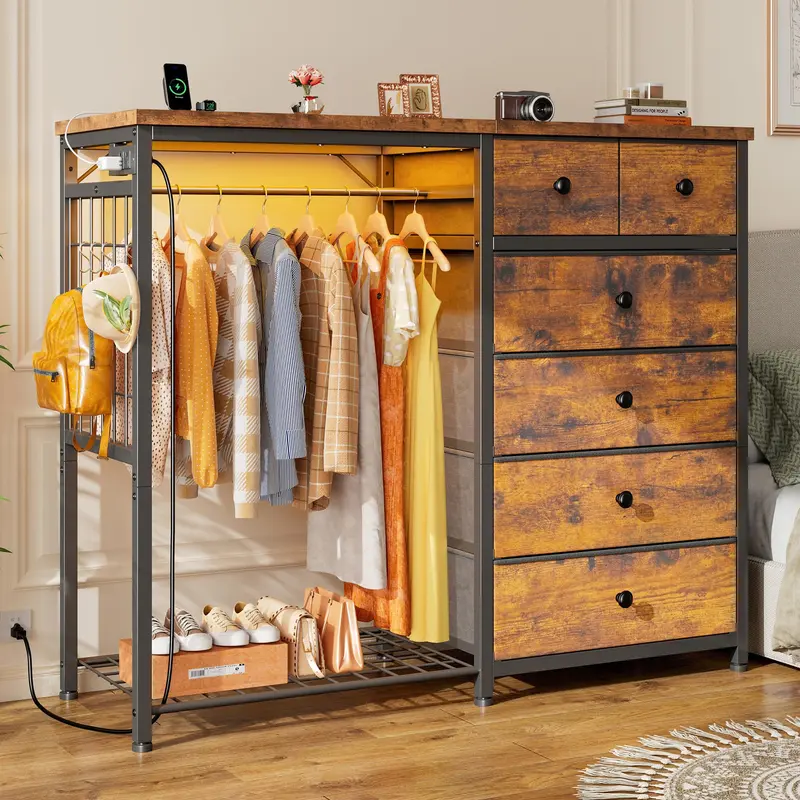 【left/right reversible installation】Raybee Furniture 49.2" W 6 Drawer Dresser for Bedroom with Hanging Rack, Home Organizer Dresser with LED Lights & Charging Station, Fabric Dressers & Chest of Drawers with Clothes Rack, Wooden Top, Grid Panel, Closet