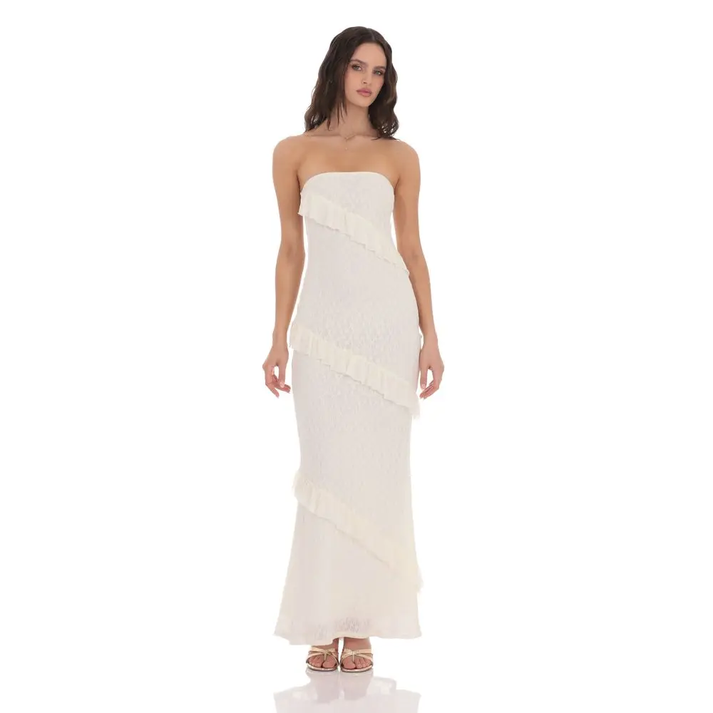 Strapless Lace Ruffle Maxi Dress in Ivory