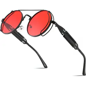 EyeconicFinds Sunglasses Mens Women Aviators Retro Steampunk Round Sunglasses Metal Frame Fishing Driving Hippie Glasses B2351
