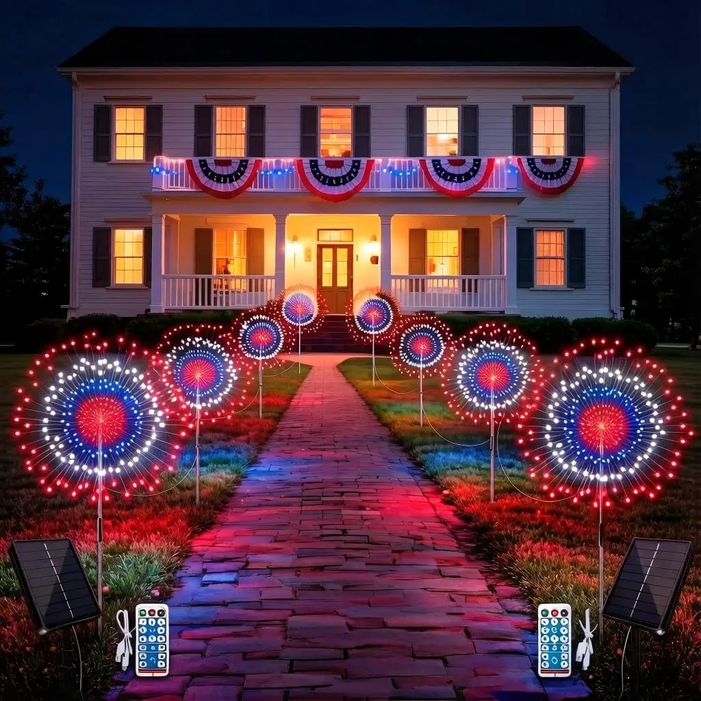 8 Pack 4th of July Solar Firework Lights Outdoor, 180 LED Red White Blue Solar Garden Lights with 8 Modes, IP65 Waterproof Sparkler Lights for Independence Day Patio Yard Pathway Patriotic Decor