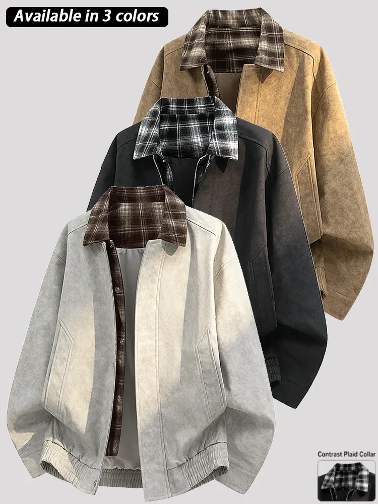 Men's Retro Washed Distressed Long-Sleeve Coat - Menswear Outerwear with Contrast Plaid Collar, Zip Front, Snap-Button Cuffs, Elastic Hem, Slant Pockets, Relaxed Fit for Fall, Winter Casual Streetwear, Coats