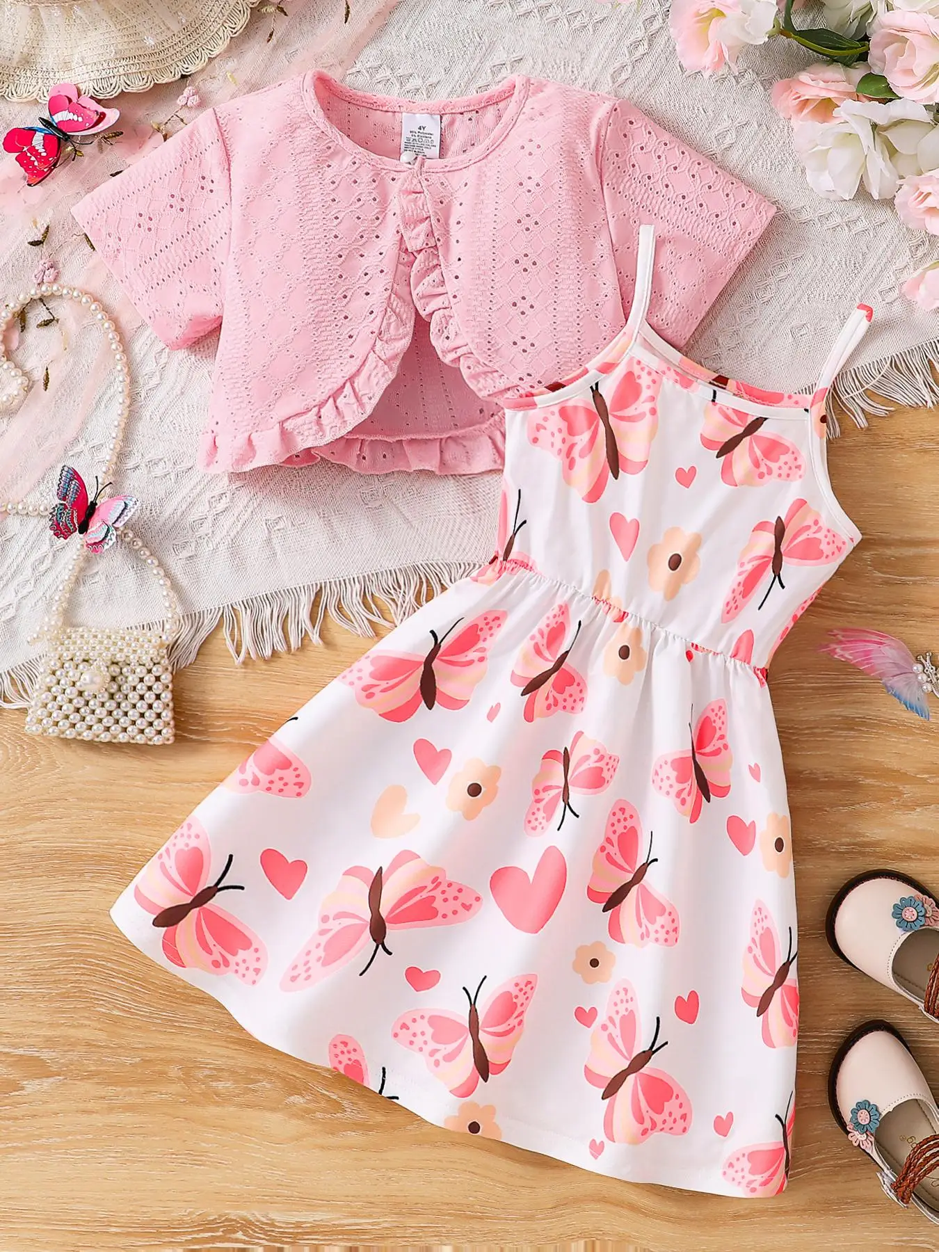 Girl's Butterfly Print Cami Dress & Plain Jacket Two-piece Set, Casual Cute Short Sleeve Outerwear & Sleeveless Dress, Girl Clothes, Summer Outfits Cl