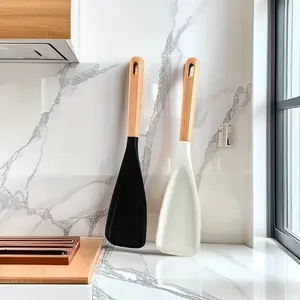 Non-Stick Cookware Spoon 12 Inch Silicone Spatula with Wood Handle, Cooking Serving Mixing Scoop Scraper