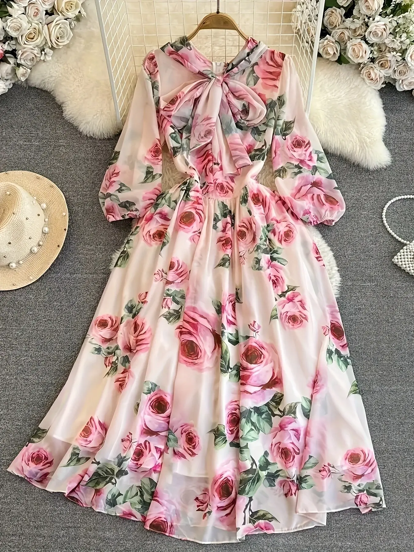 Spring Autumn Women's Dress, Lady Long Sleeves, Casual Wear, Fashionable Simple Elegant Gentle Atmosphere, Floral Chiffon Fabric, Breathable Skin-Friendly, Elegance, Chic Elegant Fitted