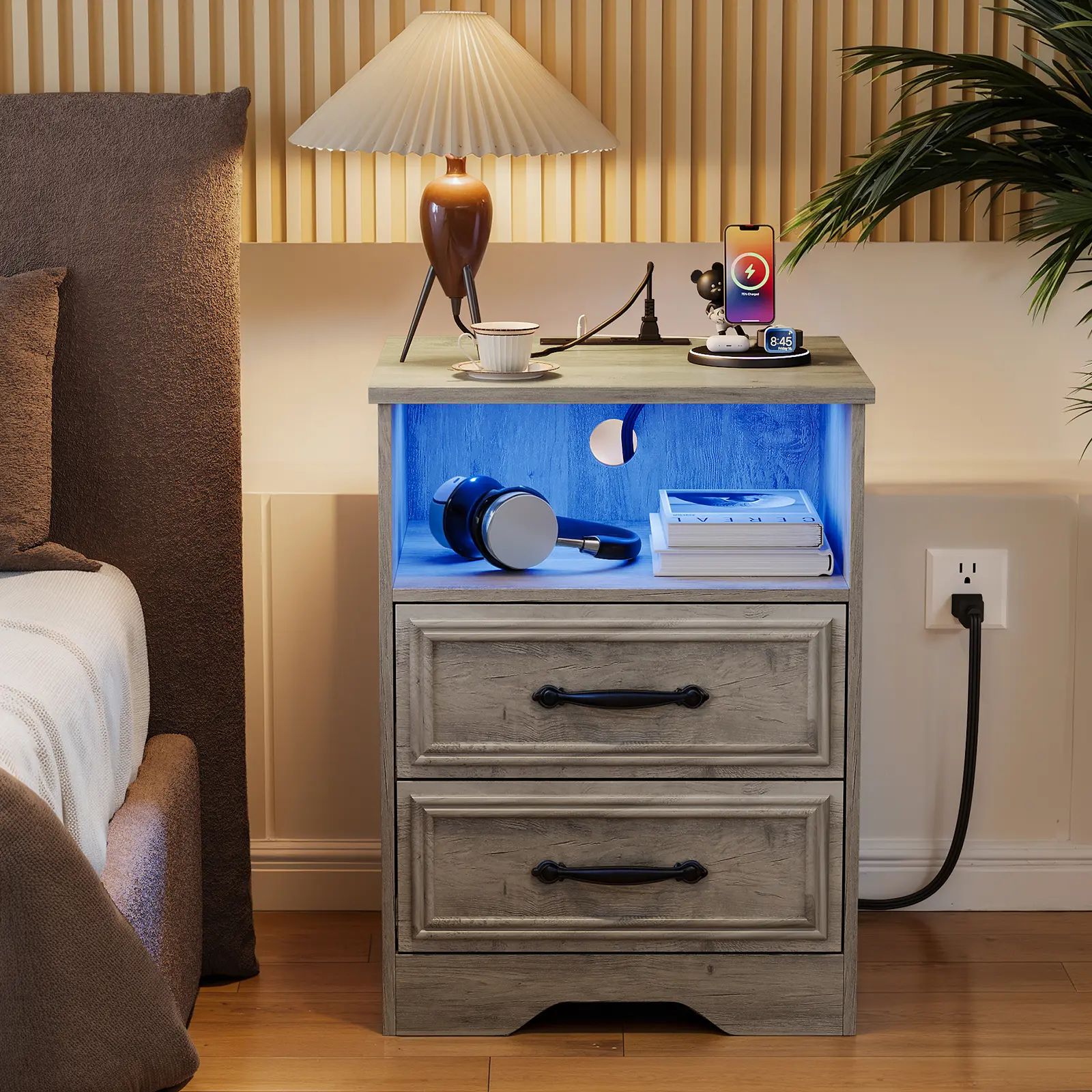 LGHM Modern Nightstand with Charging Station & LED Lights, 2 Drawer Bedside Table with USB Ports, Farmhouse End Table Storage Cabinet for Bedroom Living Room, Gray  ：