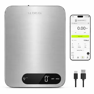 Ultrean 33lb Smart Food Kitchen Scale,IPX67 Waterproof,TYPE-C Rechargeable,App-compatible|Digital scale with grams & ounces,7 weight units,LED Display,tare,ideal for baking,meal prep,304 Stainless Steel,Silver